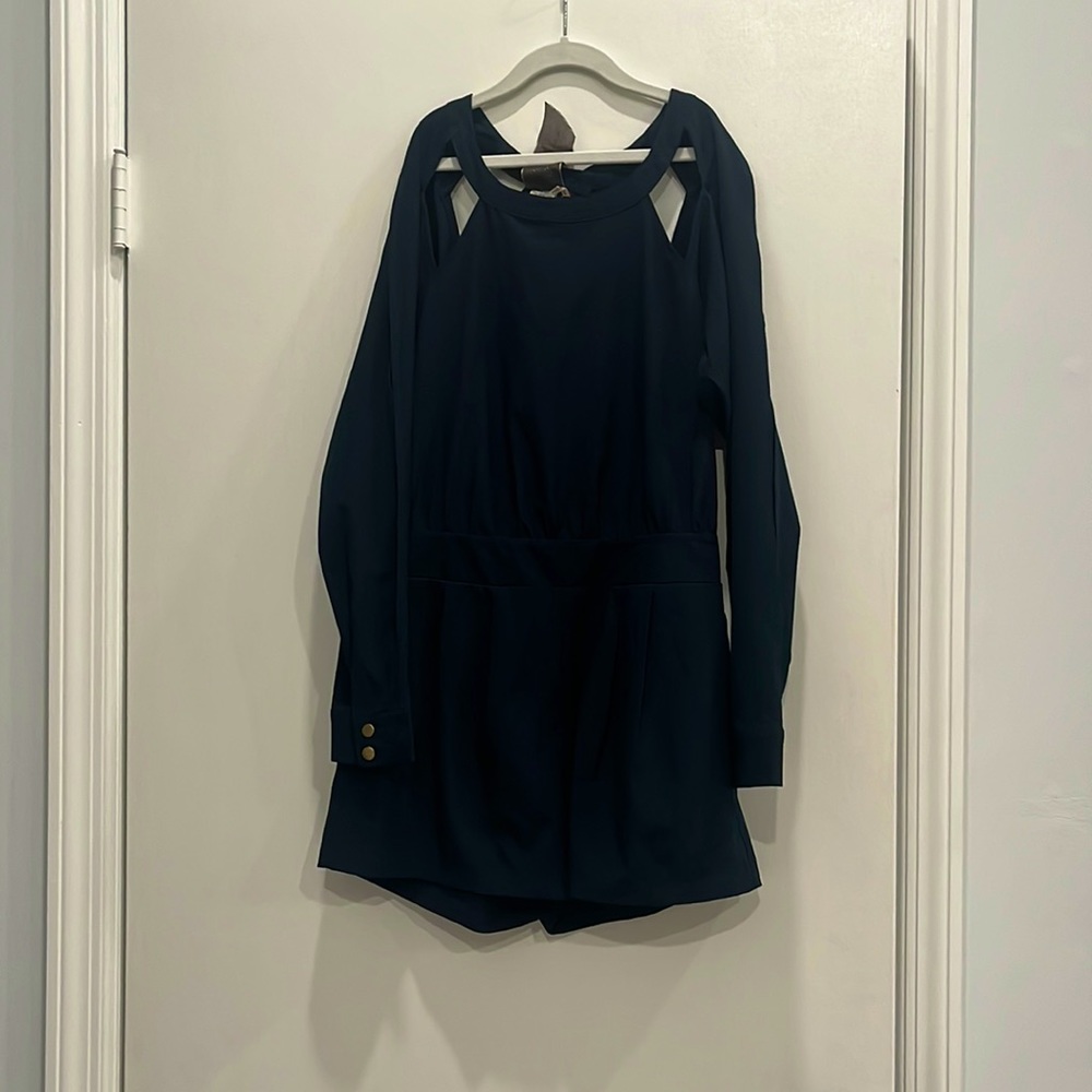 Moon Collection - Long Sleeve Cold Shoulder Navy Romper with Gold Buttons